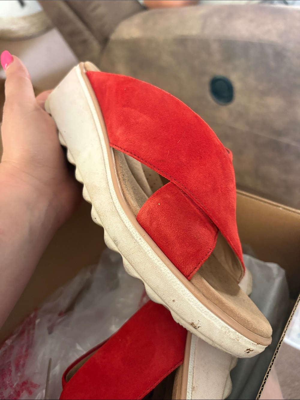 Clarks Women’s Orange-Red Suede Crisscross Slide Sandals